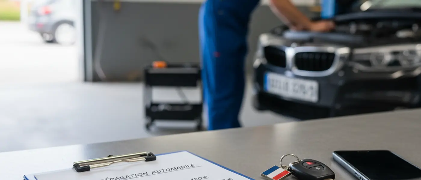 Devis de réparation automobile détaillé posé sur un comptoir de garage en France