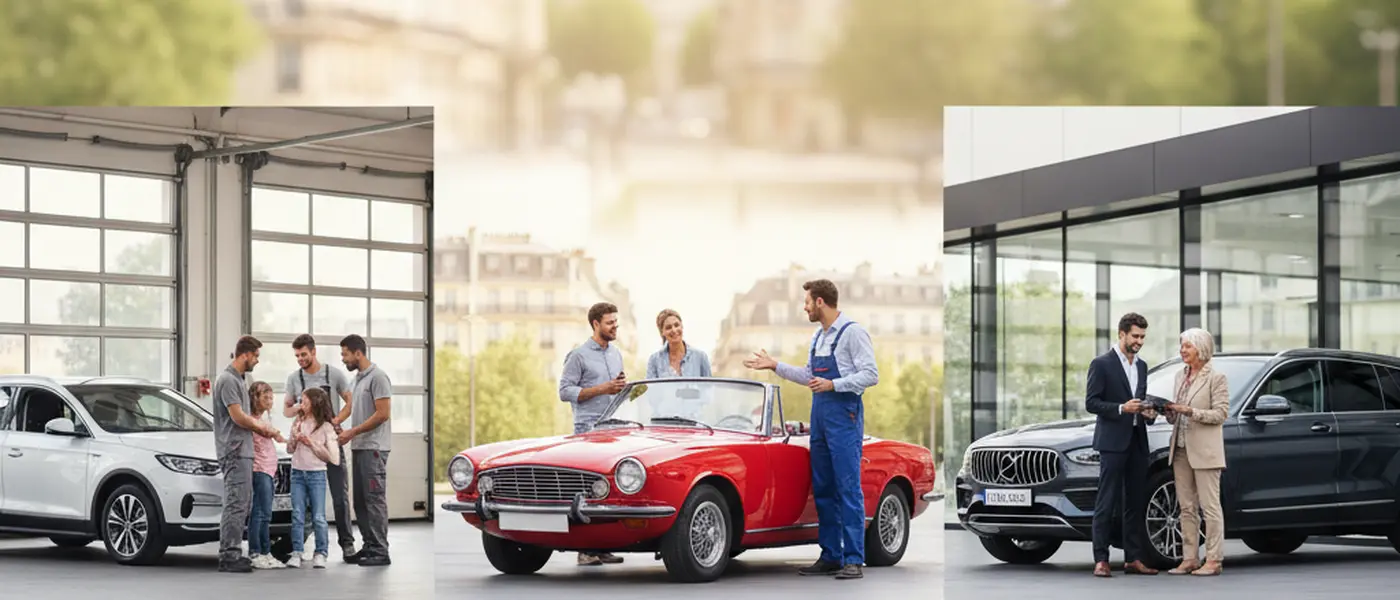 Mécanicien français en bleu de travail inspectant le dessous d'une berline dans un atelier de garage indépendant
