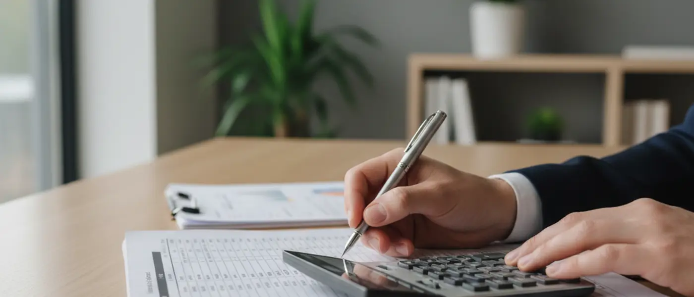 Regnskapsfører som gjennomgår dokumenter og noterer beregninger ved et skandinavisk kontorpult