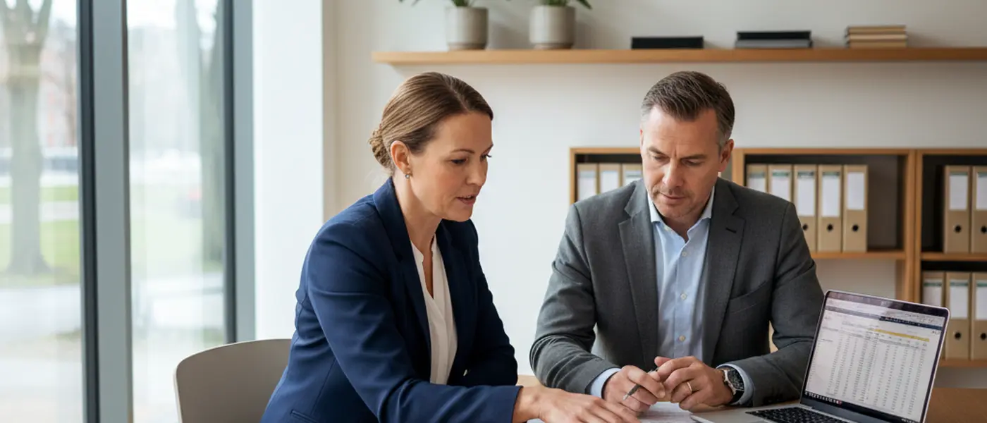 Norsk regnskapsfører som gjennomgår finansdokumenter med en bedriftsklient på et moderne skandinavisk kontor