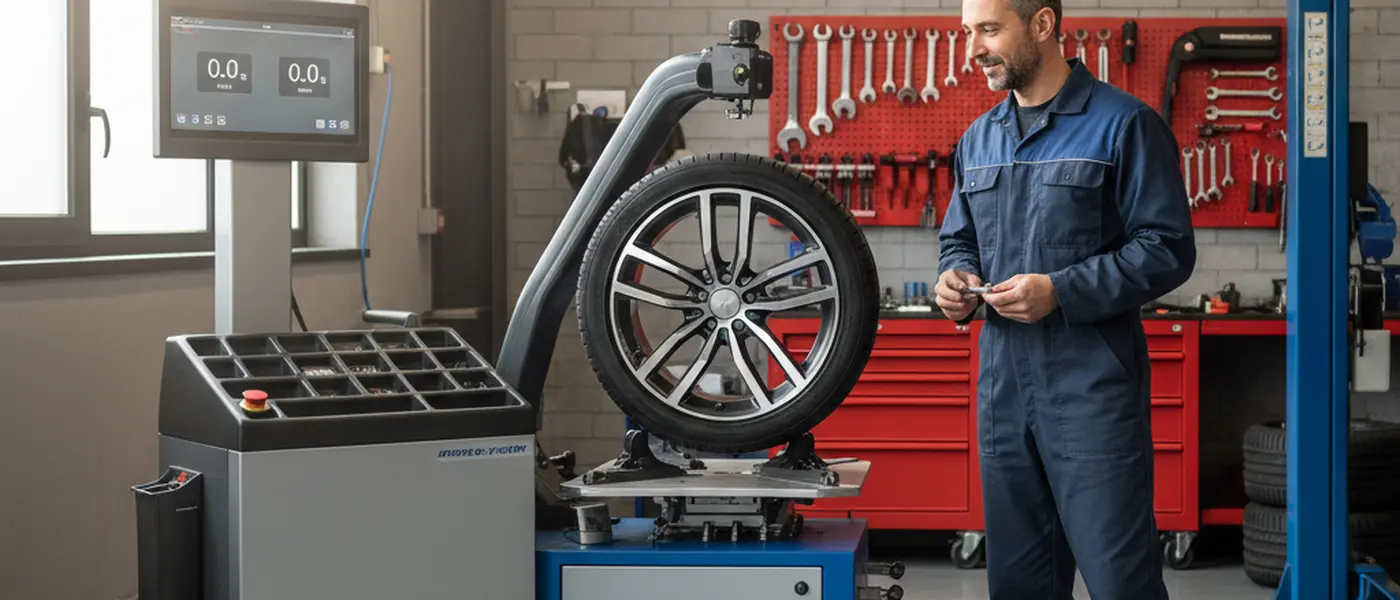 Equilibratrice digitale professionale con ruota d'auto in un'officina gommista italiana