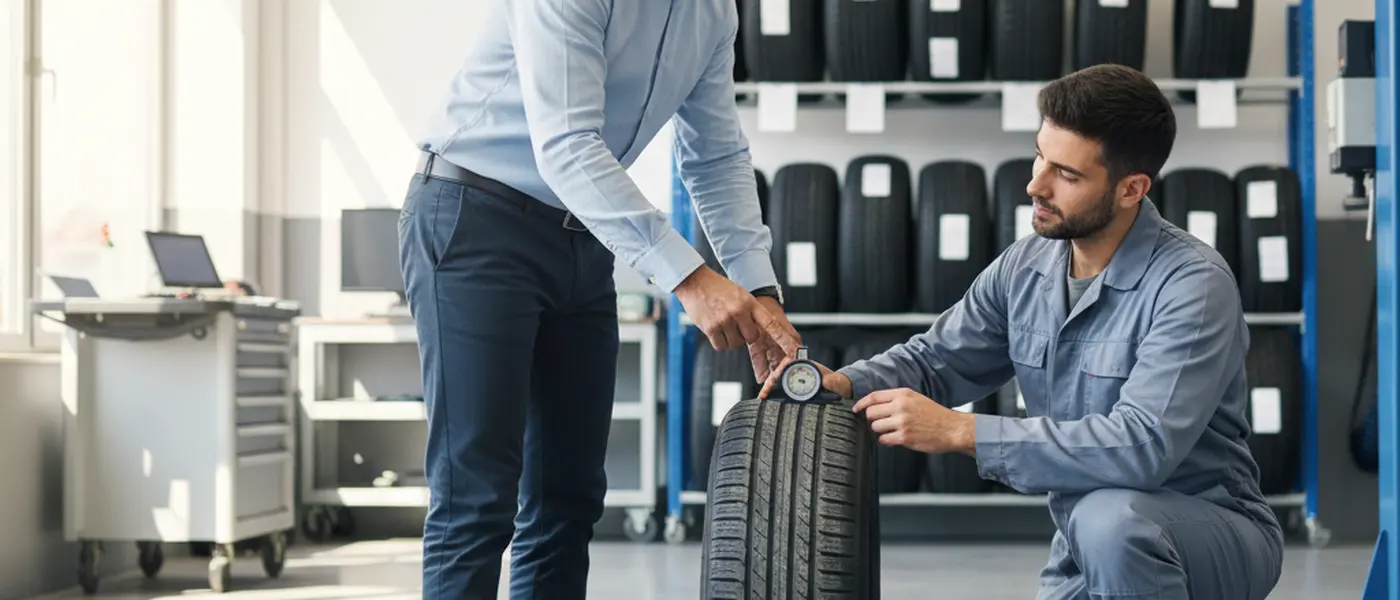 Cliente e meccanico che controllano la profondità del battistrada con un calibro in un'officina italiana