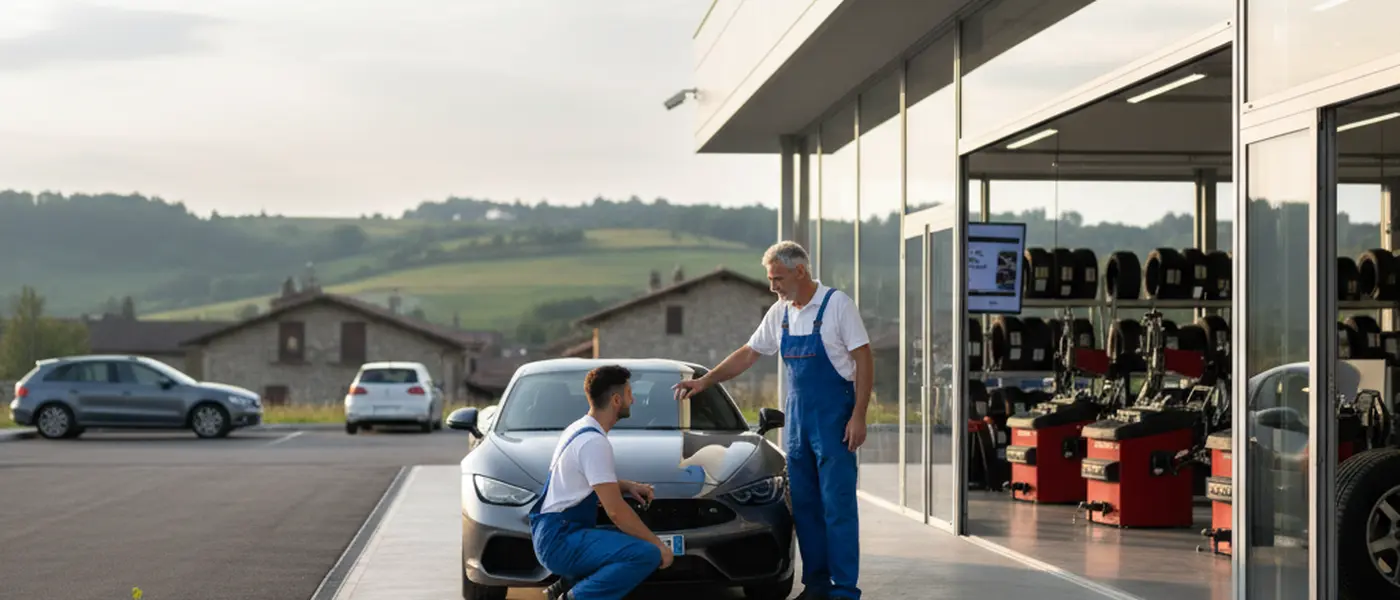Gommista italiano che monta uno pneumatico su equilibratrice professionale in un'officina moderna