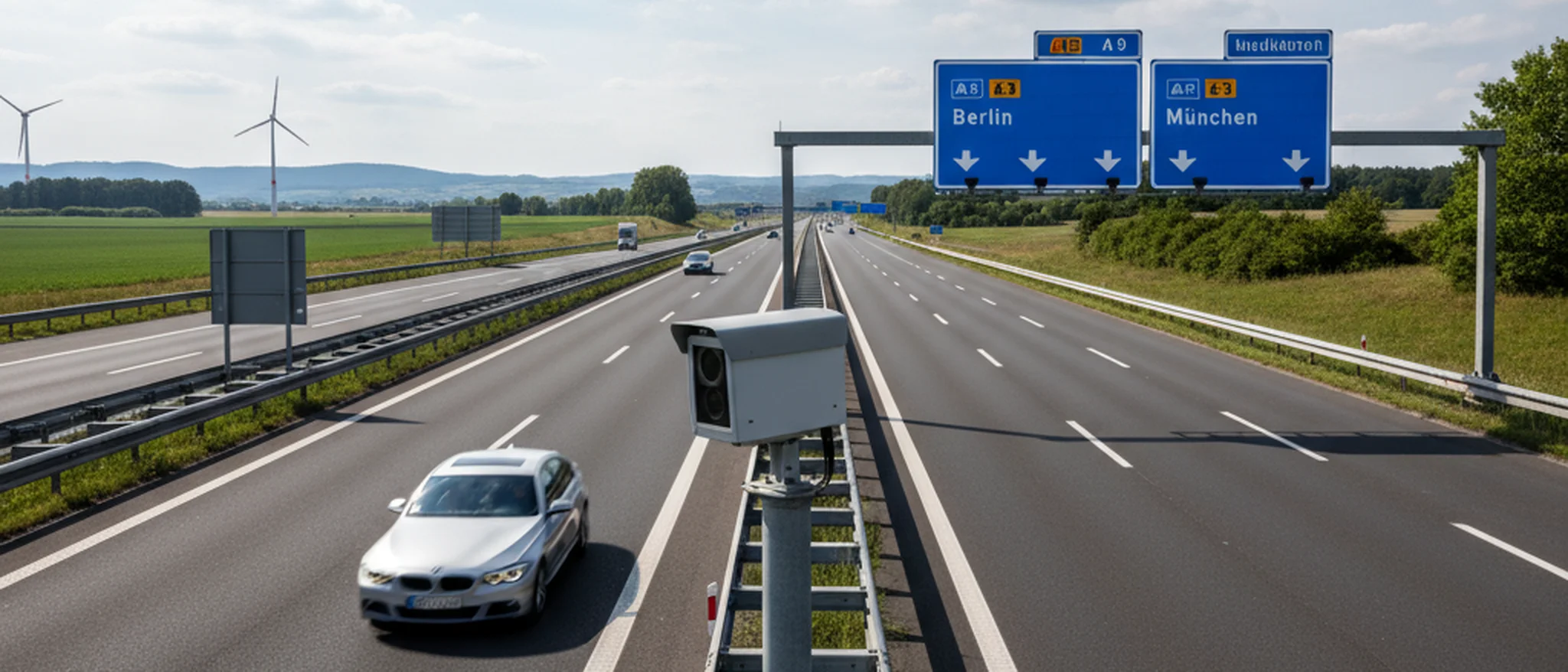Geschwindigkeitsmessanlage an einer deutschen Bundesstraße bei Tageslicht