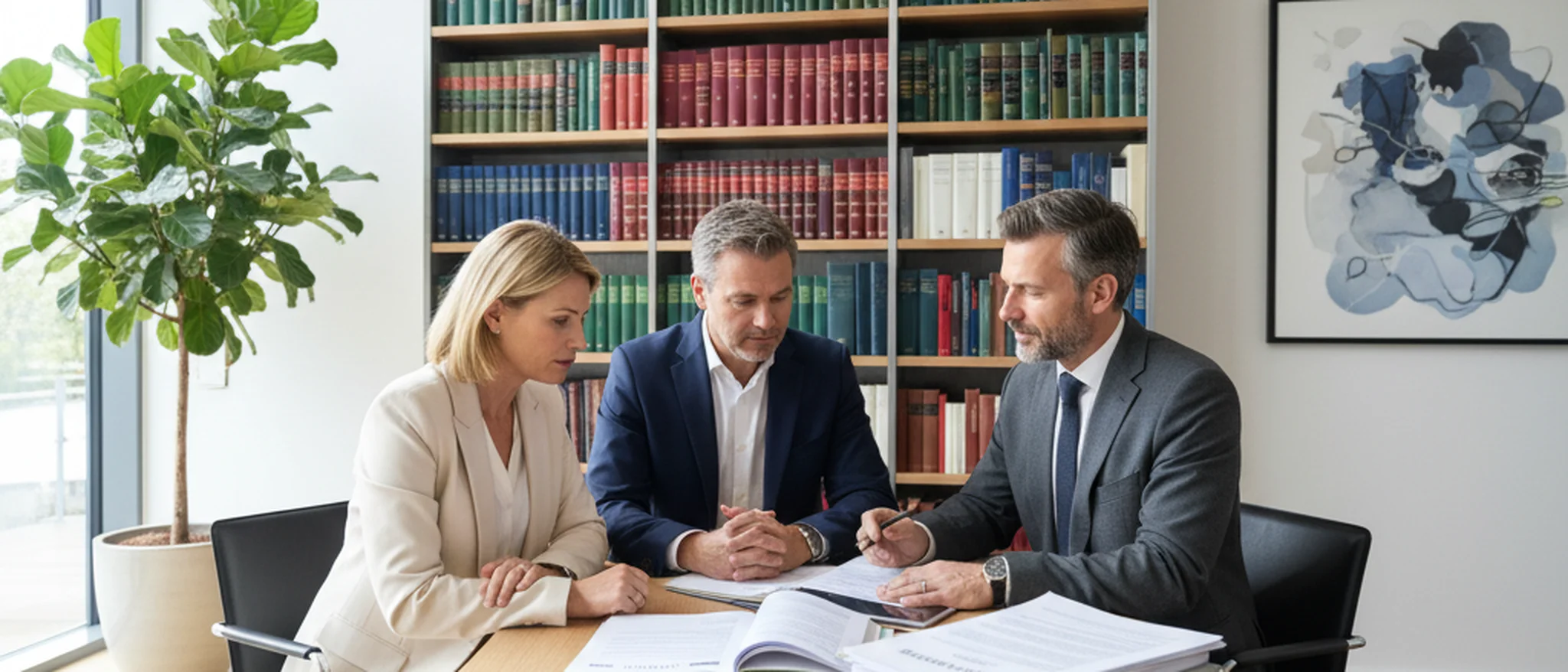 Zwei Personen besprechen eine Unfallschadensmeldung mit Dokumenten in einer deutschen Anwaltskanzlei