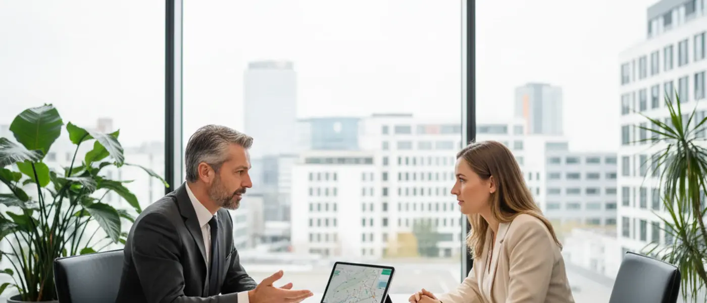 Deutscher Rechtsanwalt prüft Verkehrsrecht-Dokumente an einem Schreibtisch in einer modernen Kanzlei