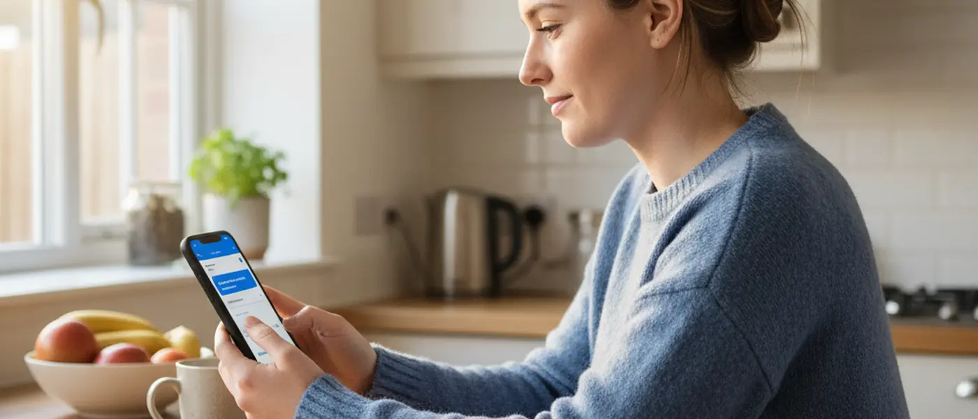 Young woman booking a GP appointment on her smartphone using the NHS App in a bright British kitchen