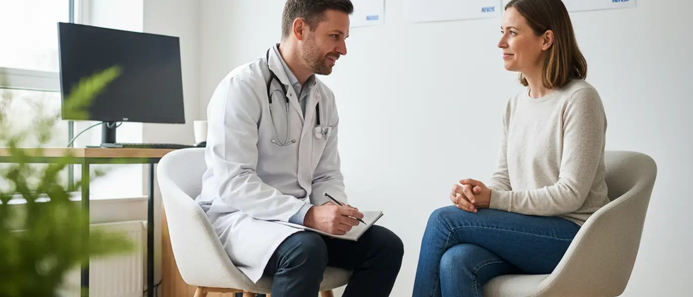 GP doctor having a supportive conversation with a patient during a mental health consultation in an NHS surgery