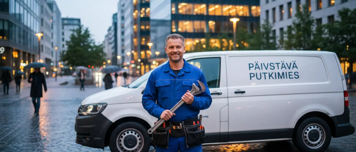 Suomalainen LVI-asentaja korjaamassa kupariputken liitosta keittiön tiskipöydän alla modernissa pohjoismaisessa asunnossa