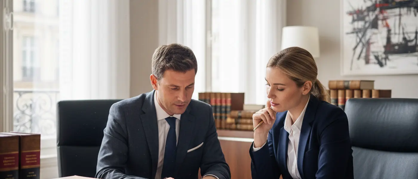Deux professionnels comparant des documents financiers dans un cabinet d'avocats français