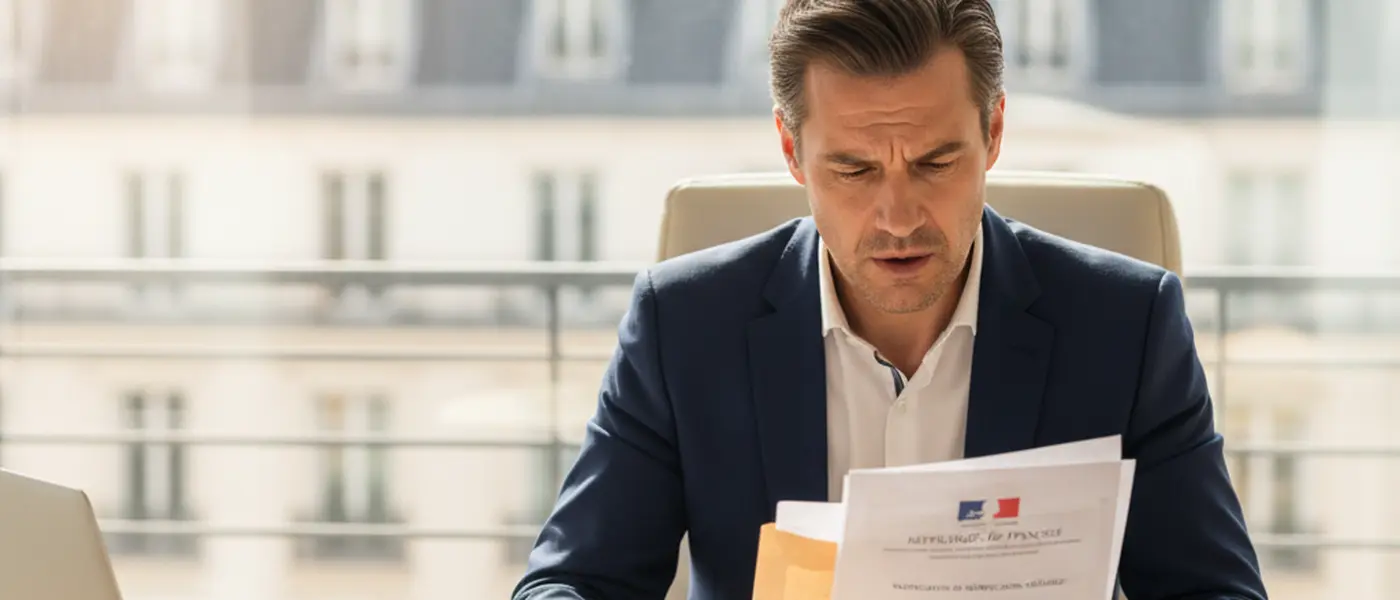 Dirigeant d'entreprise recevant un avis de contrôle fiscal à son bureau, examinant des documents comptables