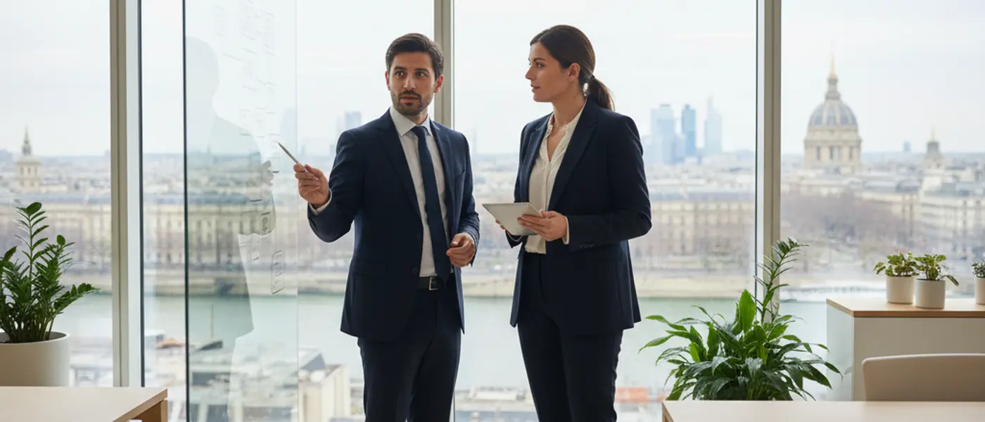 Avocat fiscaliste examinant des documents financiers dans un cabinet parisien