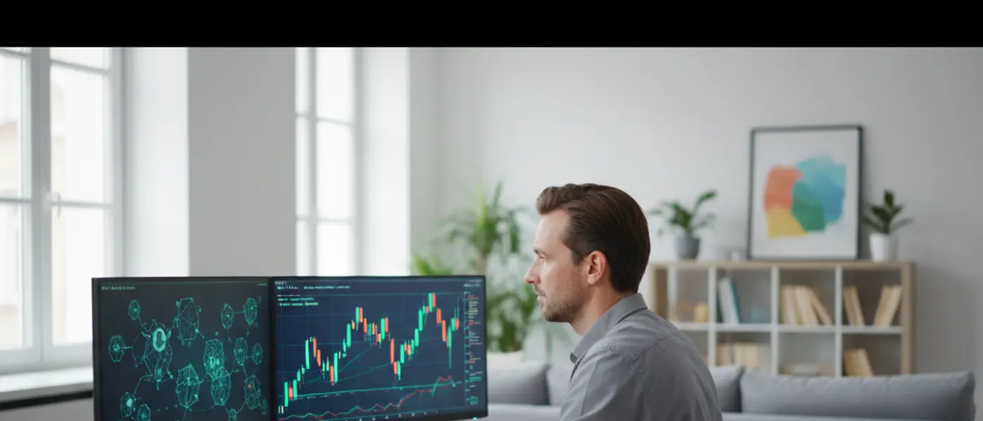 Consultant informatique analysant des données blockchain sur un écran en France