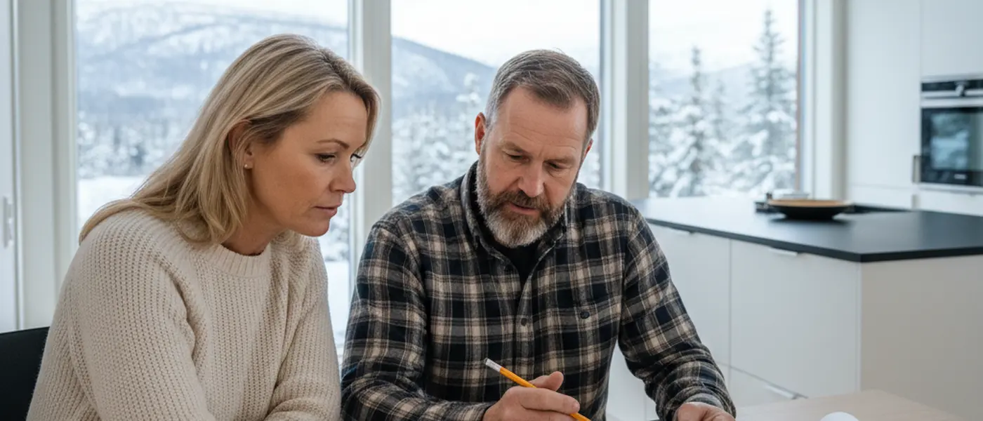 Huseier og snekker gjennomgår et detaljert pristilbud ved kjøkkenbordet i en norsk bolig