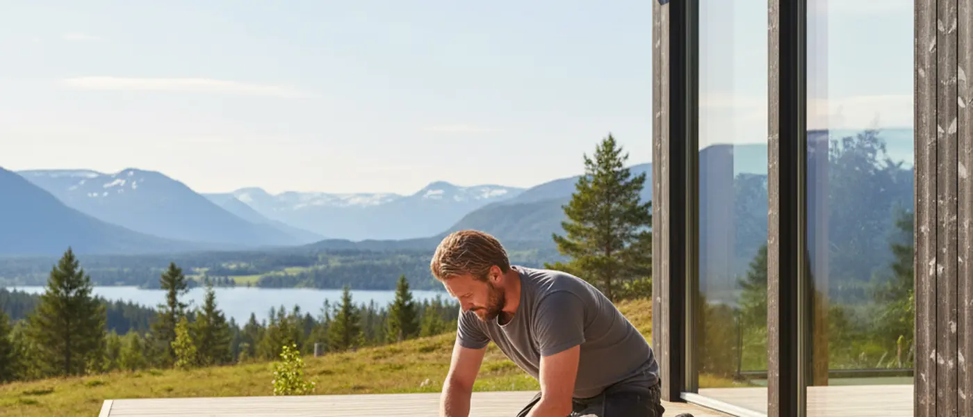 Snekker som bygger en terrasse i tre utenfor et skandinavisk trehus om sommeren