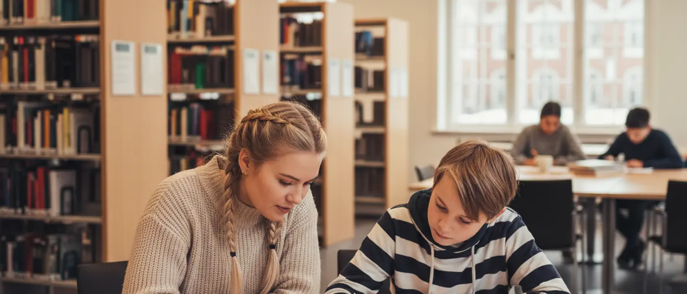 Universitetsstudent gir privatundervisning i matematikk til en ungdomsskoleelev ved et bibliotekbord