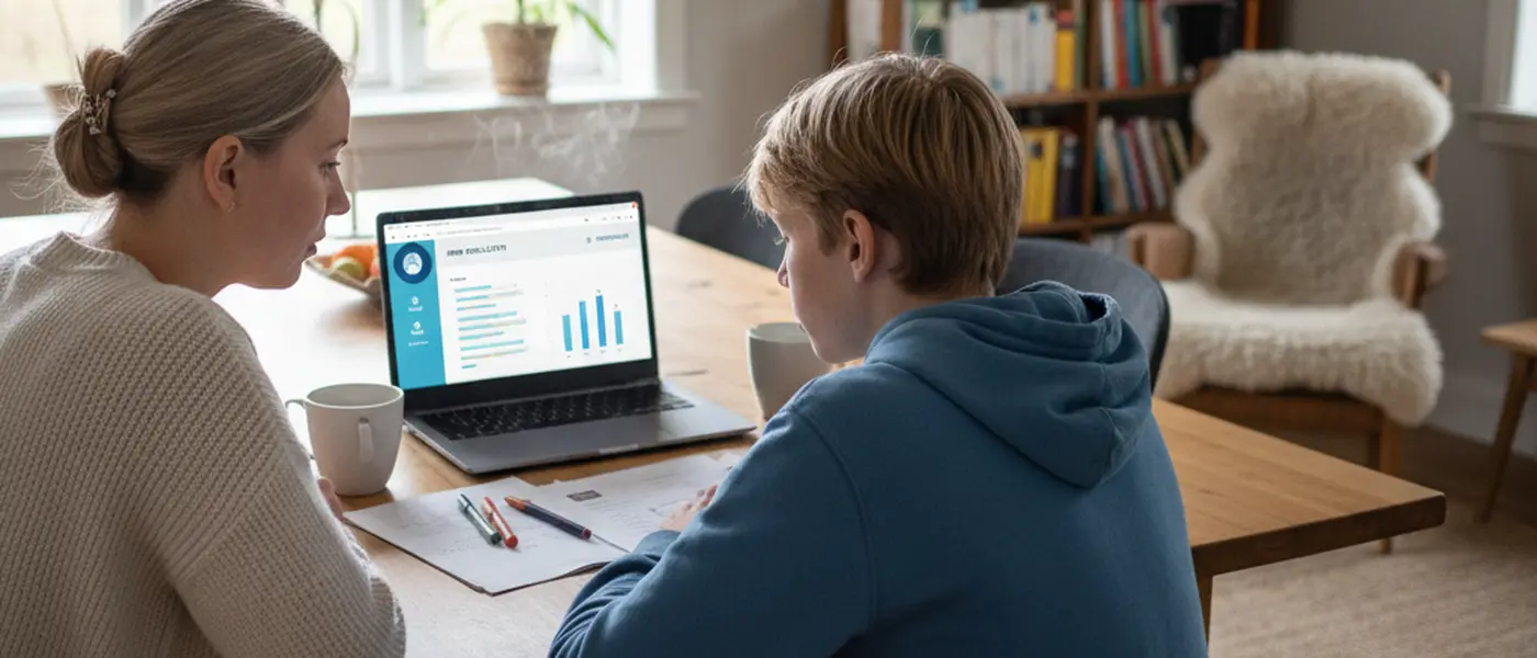 Norsk forelder og barn ser på skoleresultater sammen ved kjøkkenbordet med en bærbar PC