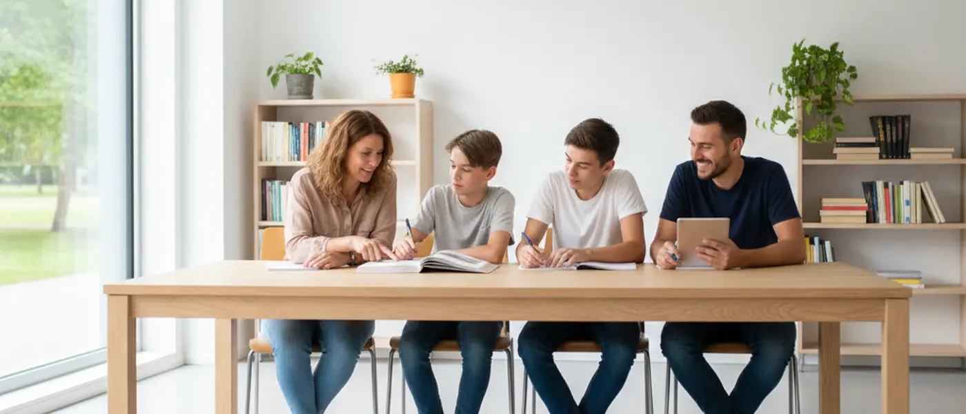 Norsk ungdomsskoleelev som gjør lekser ved en skrivepult med bøker og laptop i et lyst skandinavisk hjem