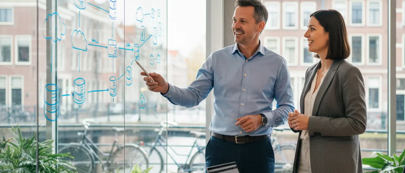 Ondernemer en freelance IT-specialist bespreken netwerkinfrastructuur aan een bureau met laptop en whiteboard