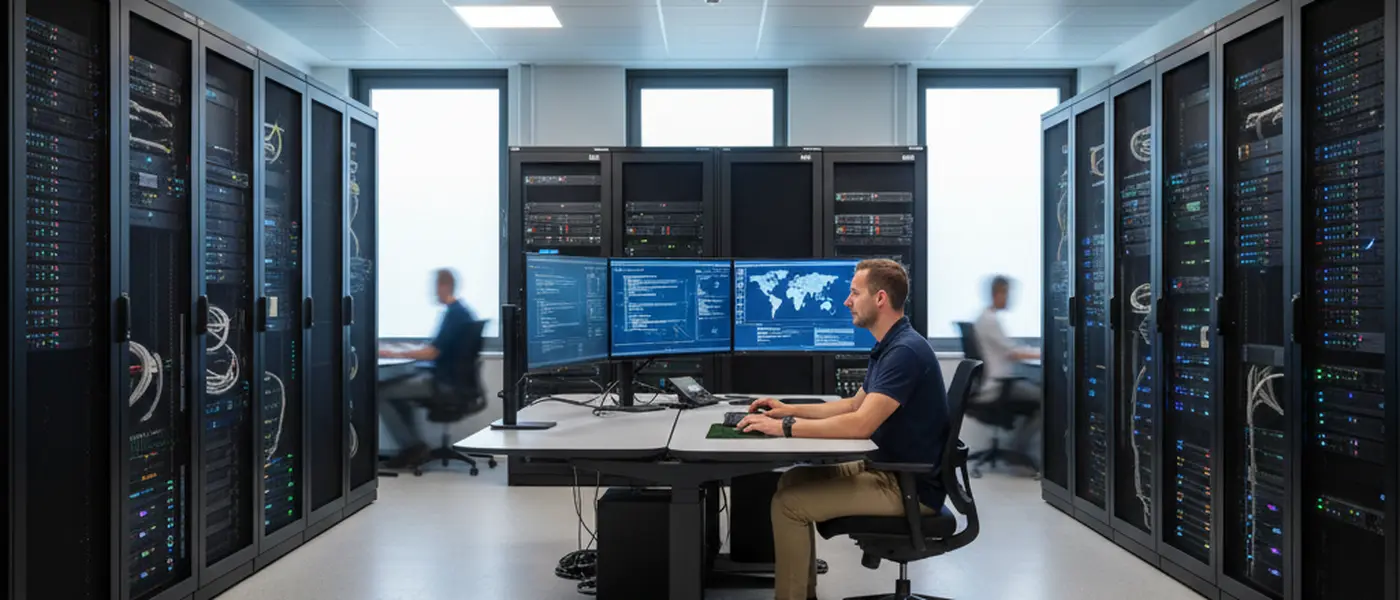 Technicus monitort beveiligingsdashboards in een serverruimte met netwerkapparatuur