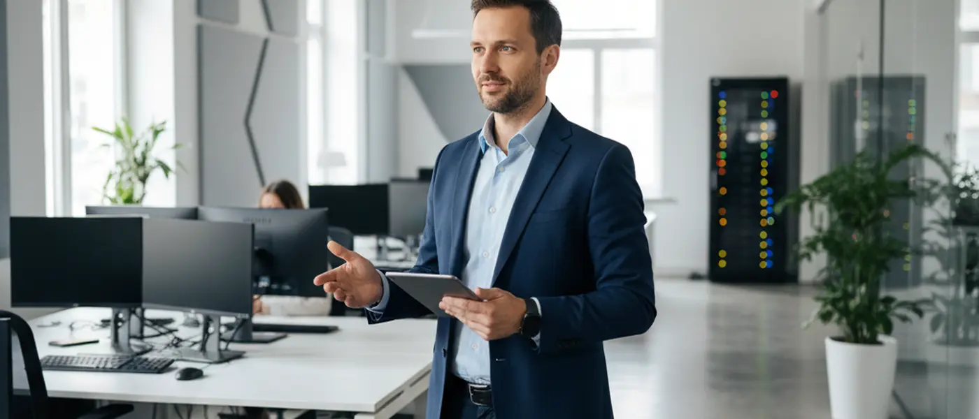 IT-professional werkt aan een bureau met twee schermen in een modern kantoor in Amsterdam met serverrack op de achtergrond
