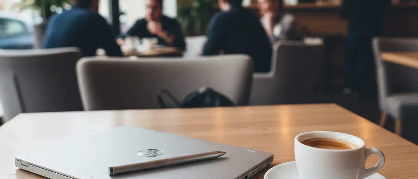 HP Spectre x360 en mode tablette avec stylet numérique posé sur une table de café