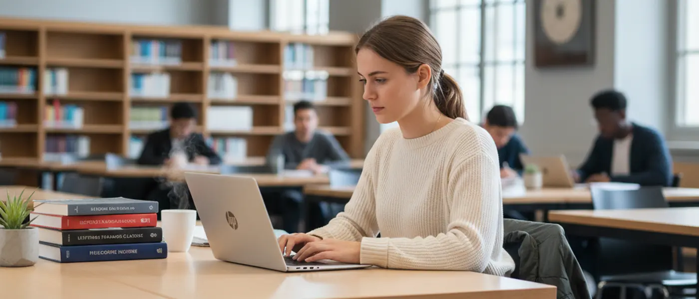 Étudiante utilisant un HP Chromebook dans une bibliothèque universitaire