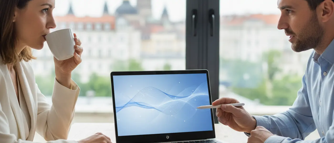 Jeune professionnel comparant deux ordinateurs portables HP sur un bureau moderne