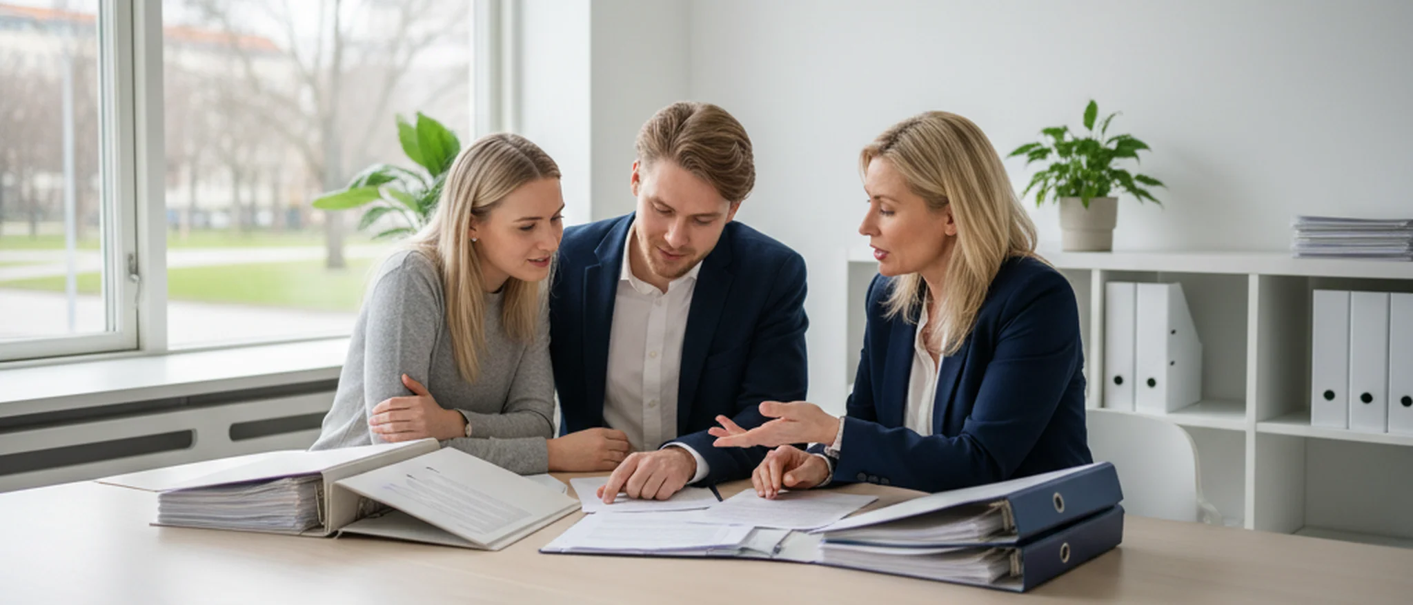 Svenskt par granskar juridiska dokument med familjerättsadvokat i ljust mötesrum