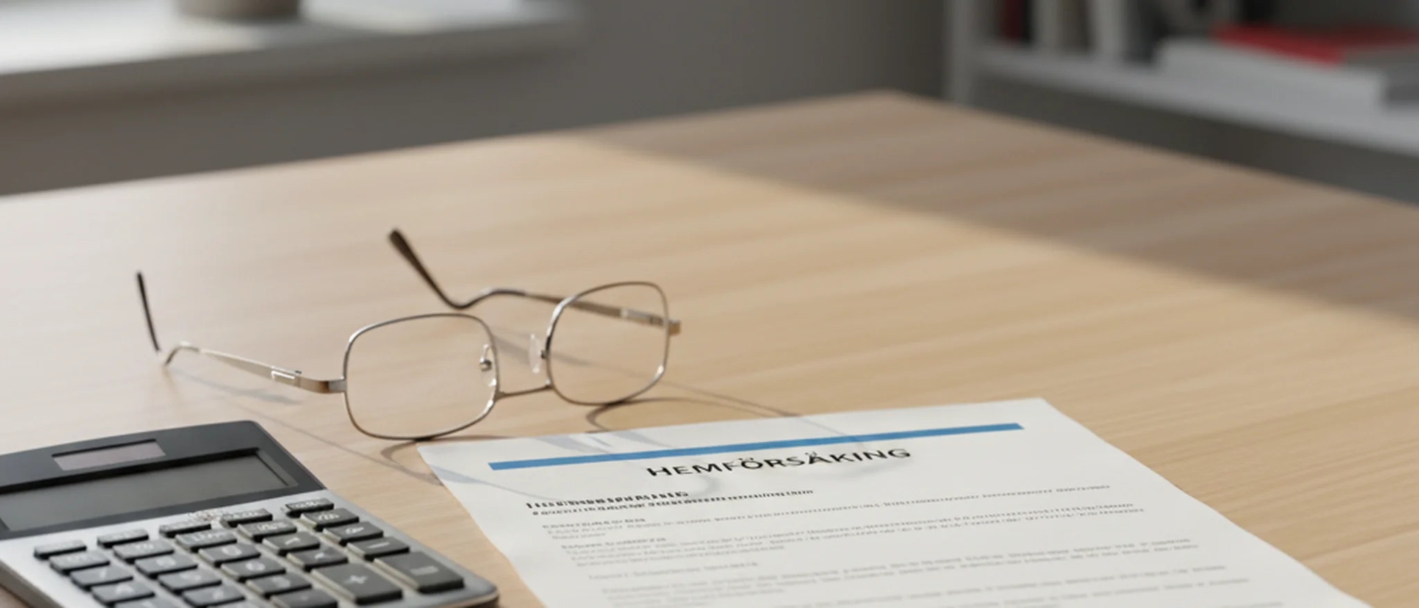 Försäkringsdokument och miniräknare på ljust skrivbord i svenskt kontor