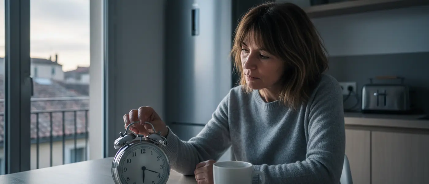 Femme fatiguée ajustant son réveil à l'aube lors du changement d'heure de printemps 2026