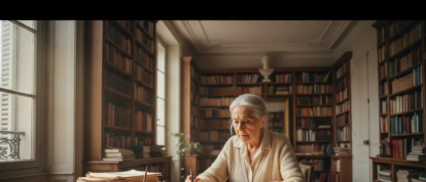 Femme âgée à son bureau, écrivant dans un cahier, lumière naturelle douce