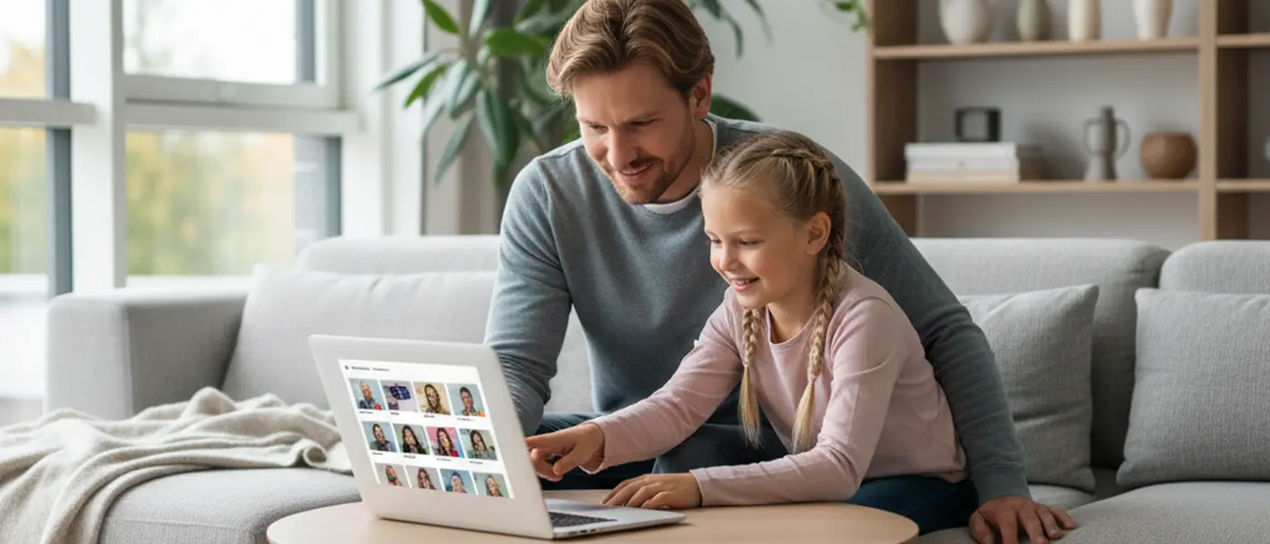 Forelder og barn ser på nettbaserte privatundervisningstilbud sammen på en bærbar datamaskin i en norsk stue
