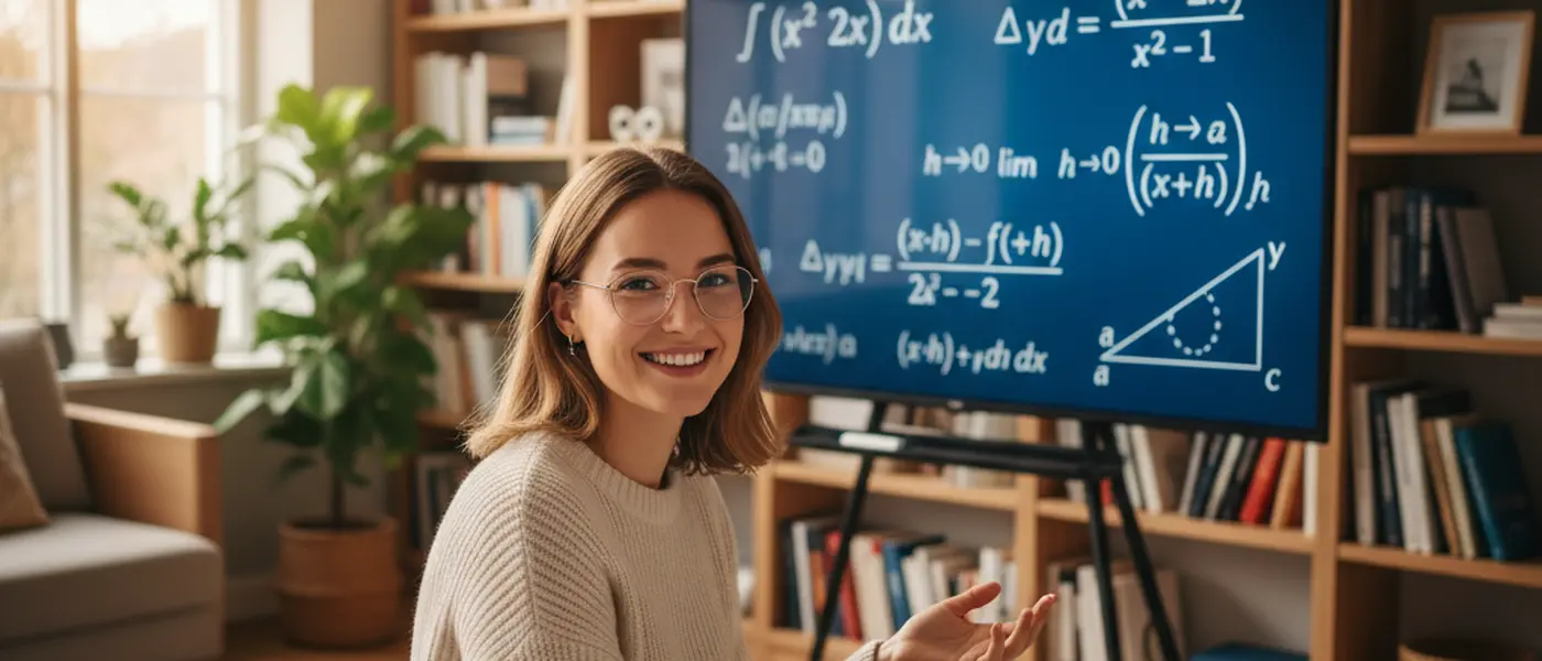 Kvinnelig privatlærer med briller underviser i matematikk online fra et hjemmekontor med bokhyller