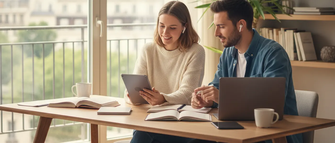 Norsk ungdom med hodetelefoner deltar i privatundervisning online ved et skrivebord i et lyst soverom