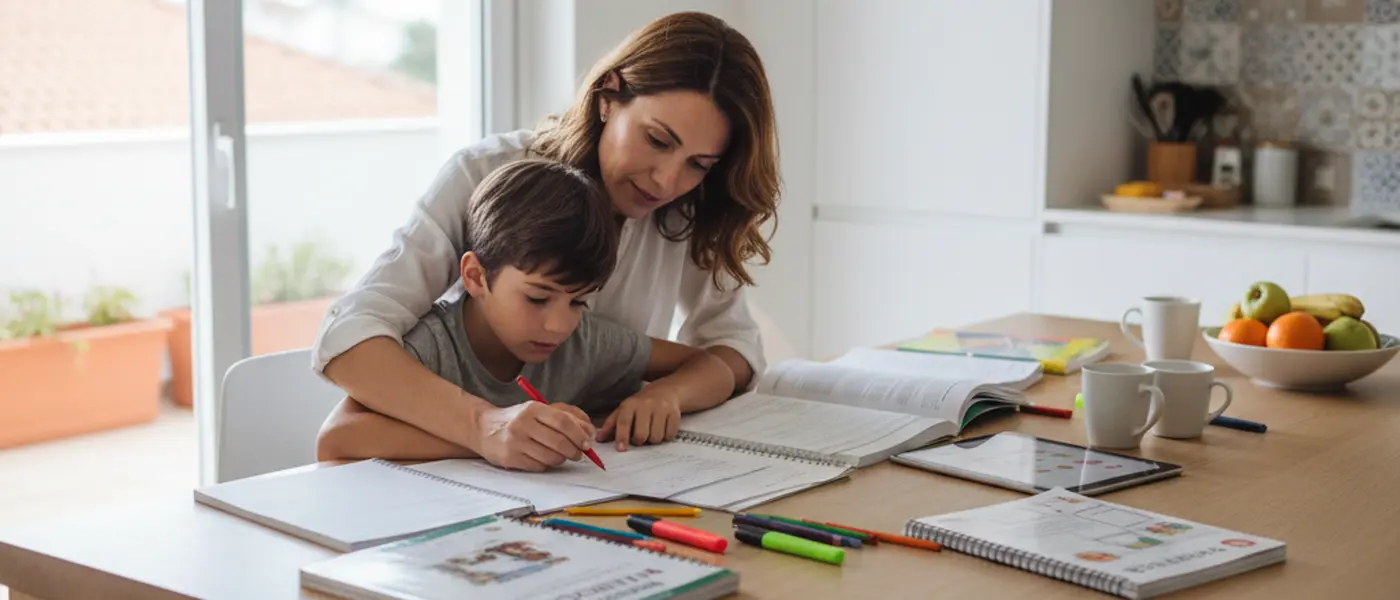 Mãe e filho a rever provas de exame numa mesa de cozinha com manuais escolares