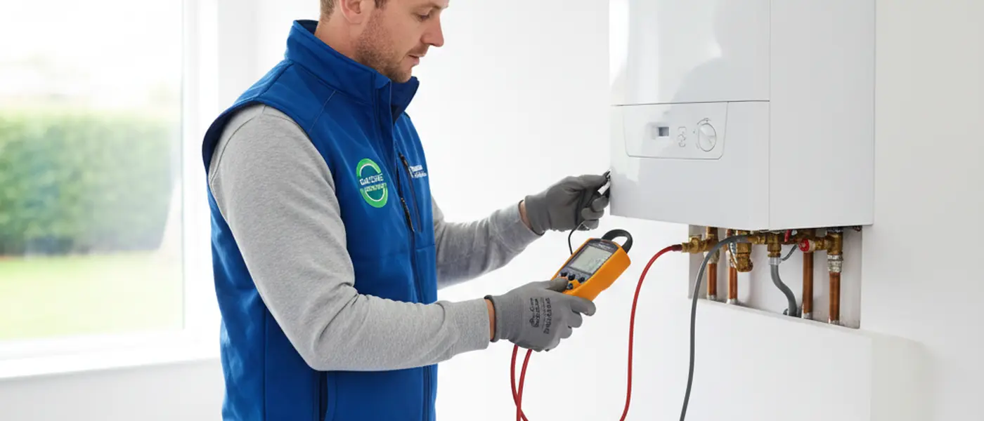 Gas Safe registered engineer inspecting a combination boiler in a British home