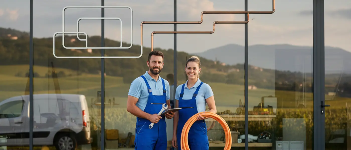 British plumber in blue overalls inspecting copper pipes under a kitchen sink in a modern UK home
