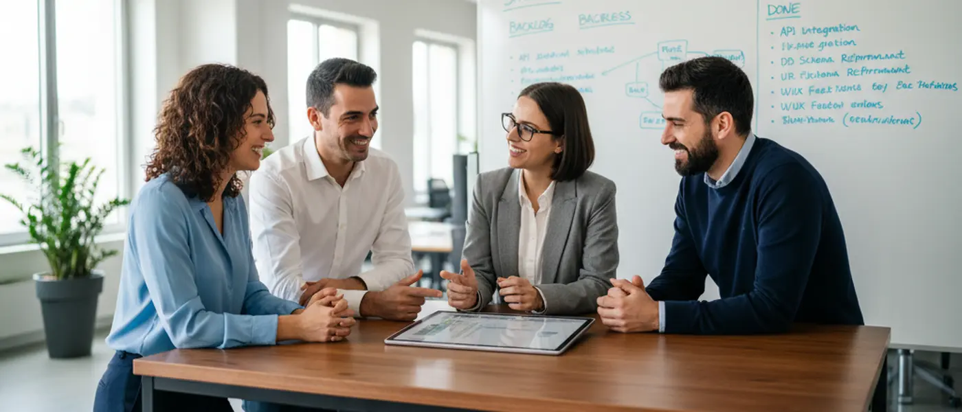 Team di sviluppatori italiani che collaborano in un ufficio open-plan con lavagna per la pianificazione sprint