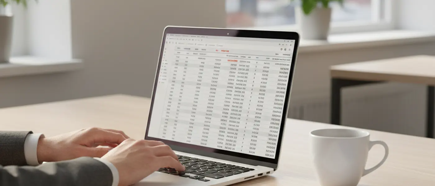 Regnskapsfører arbeider med regnskap på en bærbar datamaskin i et moderne norsk kontor