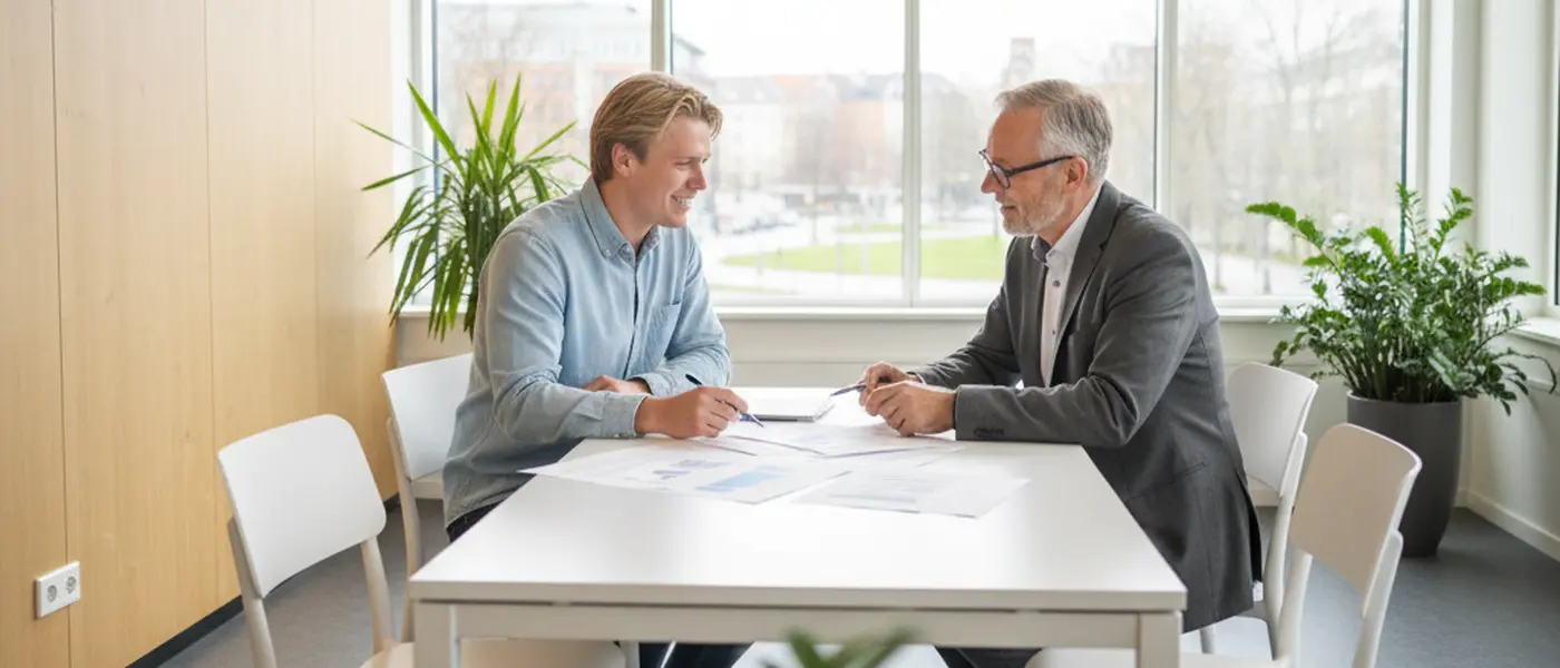 Norsk bedriftseier og regnskapsfører gjennomgår dokumenter i et lyst møterom
