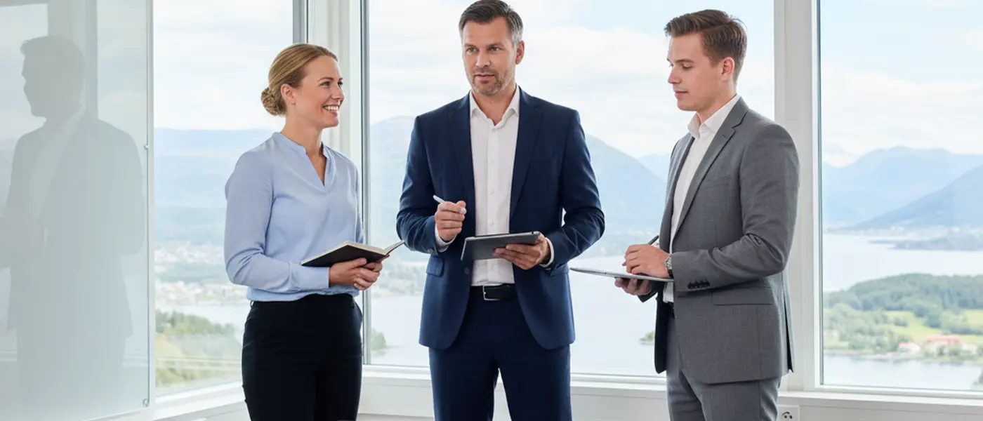 Norsk regnskapsfører og klient gjennomgår finansielle dokumenter på et skandinavisk kontor