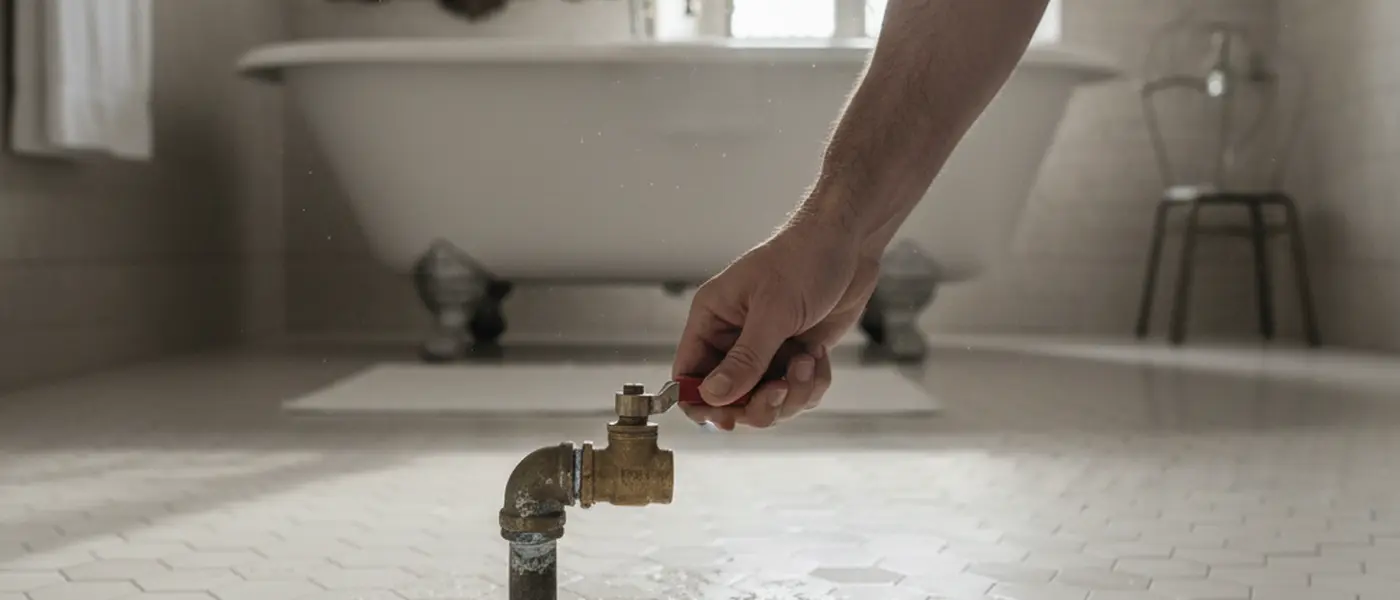 Mano che chiude il rubinetto generale dell'acqua durante un'emergenza idraulica in un bagno