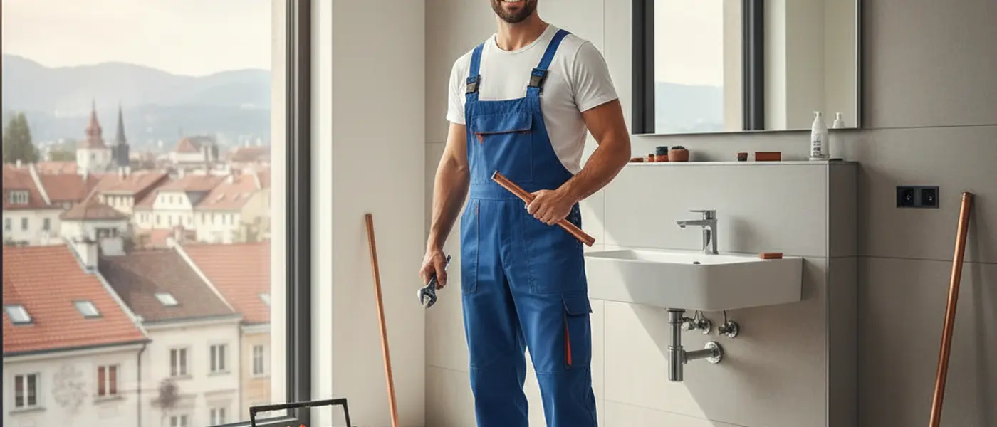 Idraulico italiano in tuta blu che ispeziona tubature in rame sotto il lavello di una cucina moderna