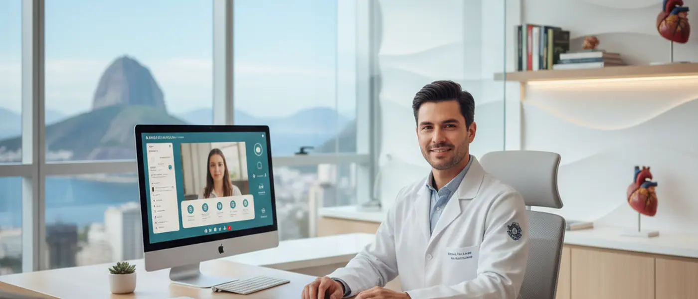 Médico brasileiro atendendo paciente por videochamada em consultório moderno