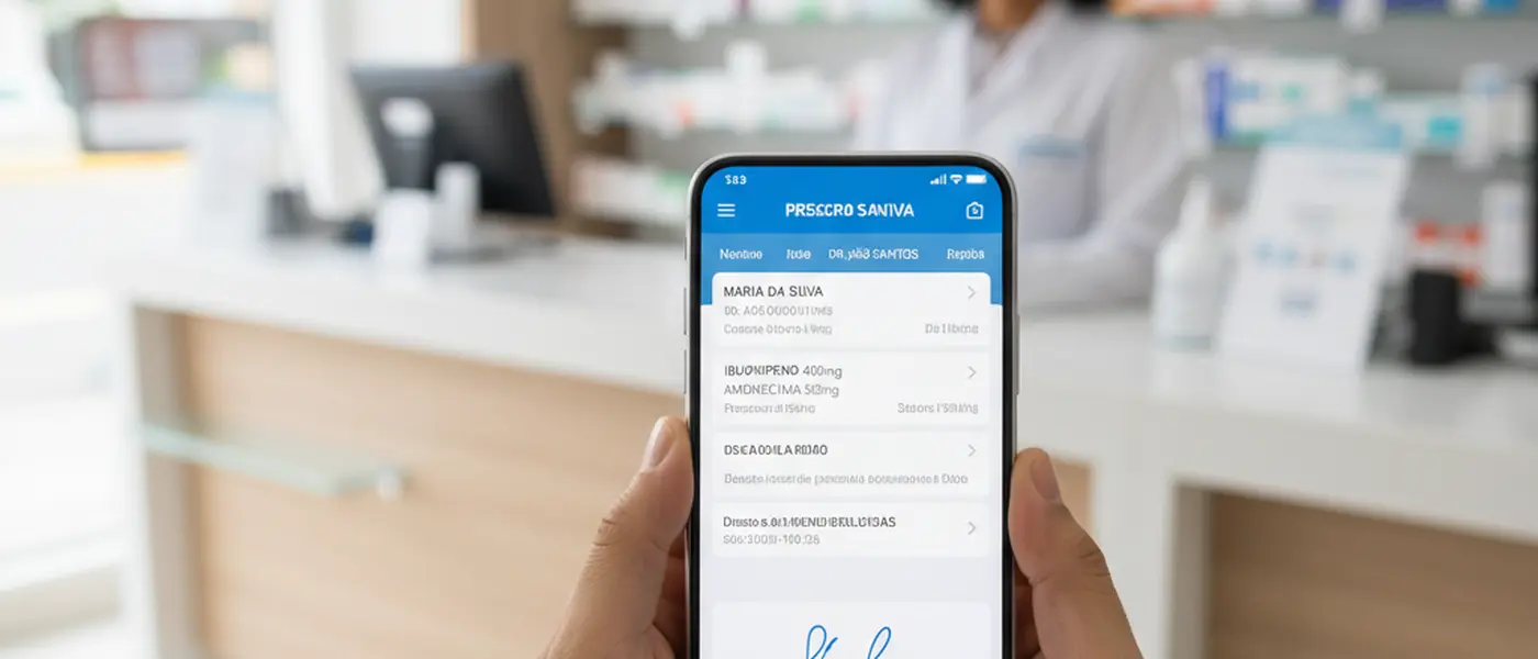Tela de smartphone exibindo aplicativo de receita médica digital em farmácia brasileira