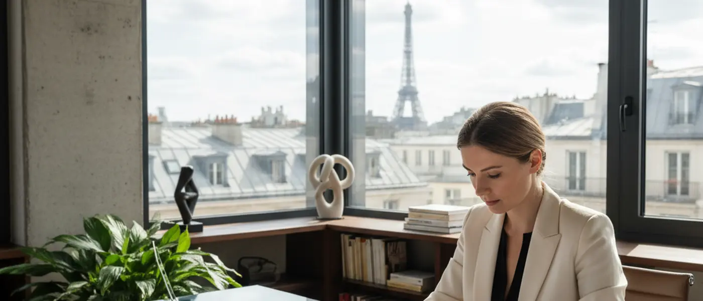 Femme consultant un contrat de travail dans un bureau parisien