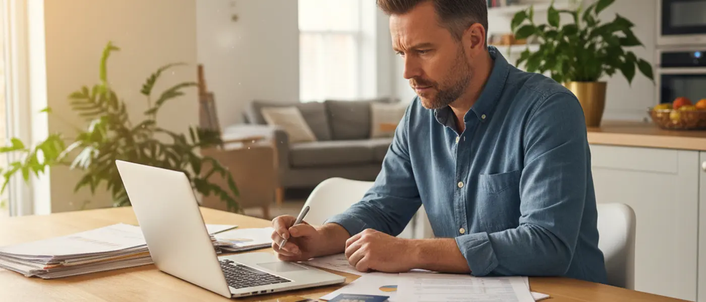 Person reviewing passport renewal documents and travel budget at home in the UK