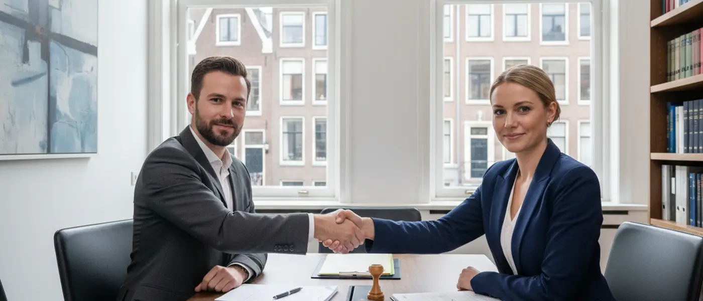 Notaris en advocaat overleggen aan een vergadertafel in een Nederlands juridisch kantoor