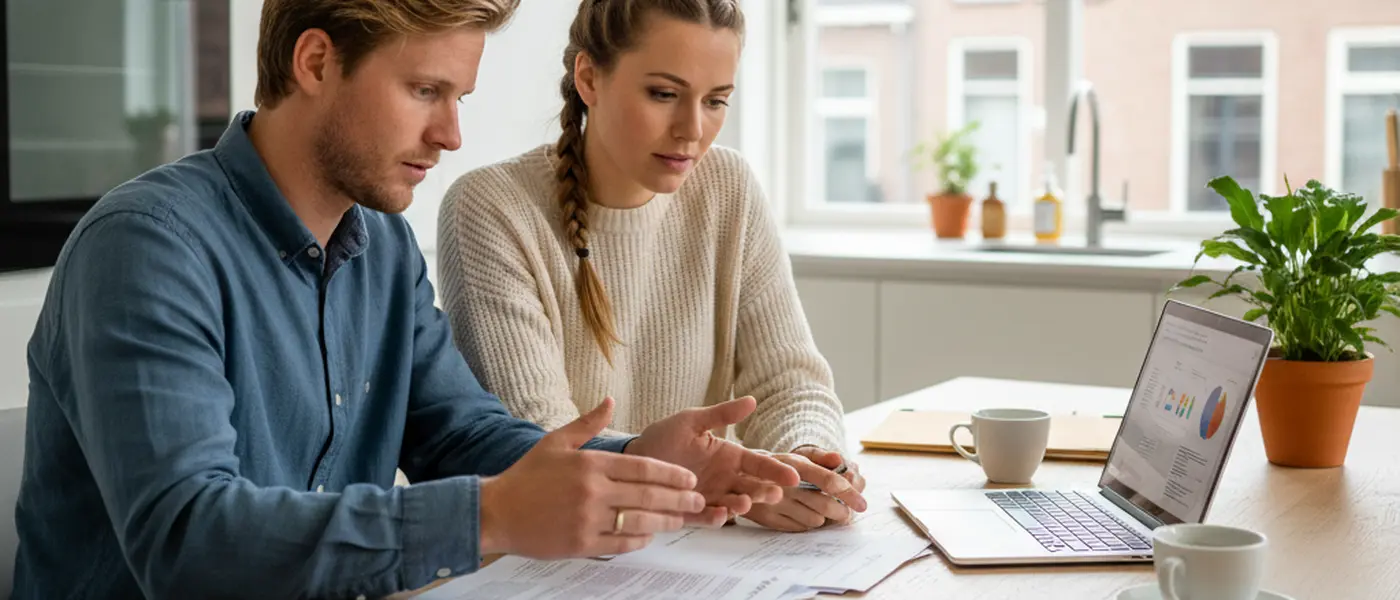 Jong Nederlands stel bekijkt erfenisdocumenten aan de keukentafel met laptop en dossiers